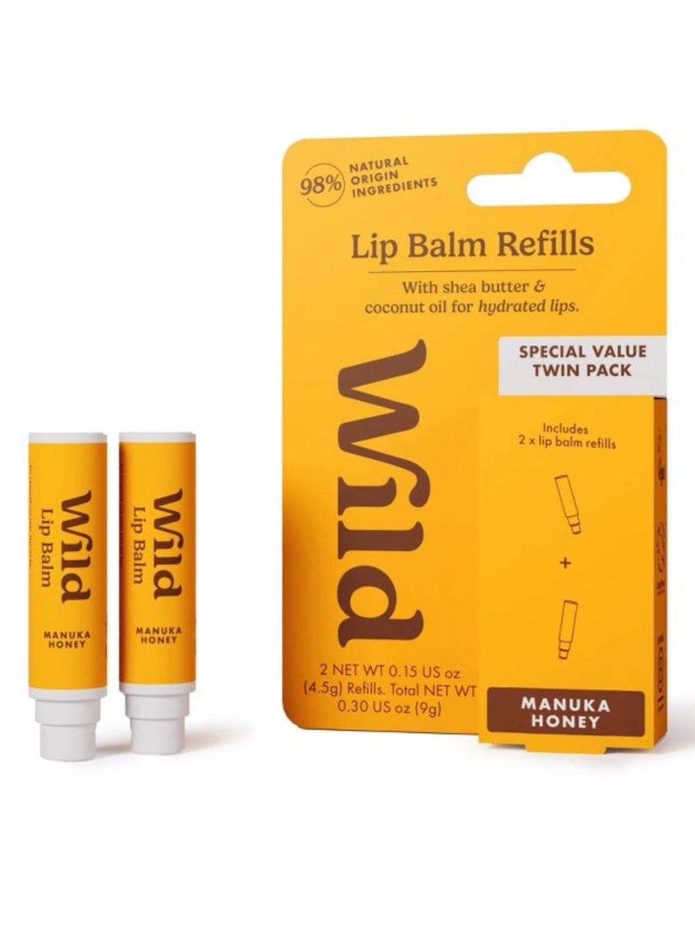 WILD 2pk Manuka Honey Lip Balm Refills, NEW